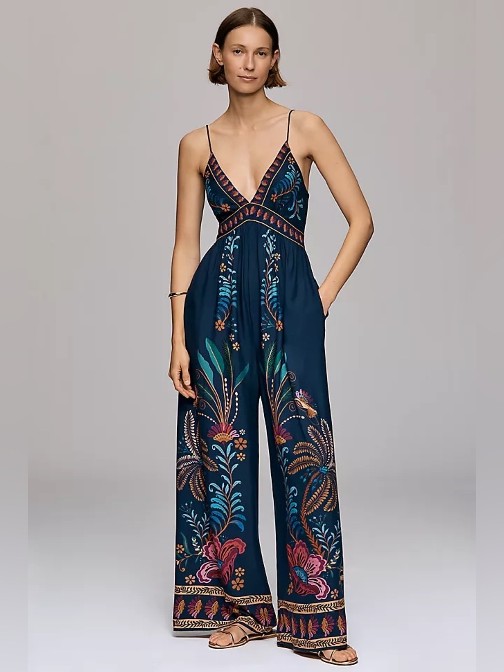 Farm Rio Anthropologie V Neck Sleeveless Floral Jumpsuit Wide Leg Medium
